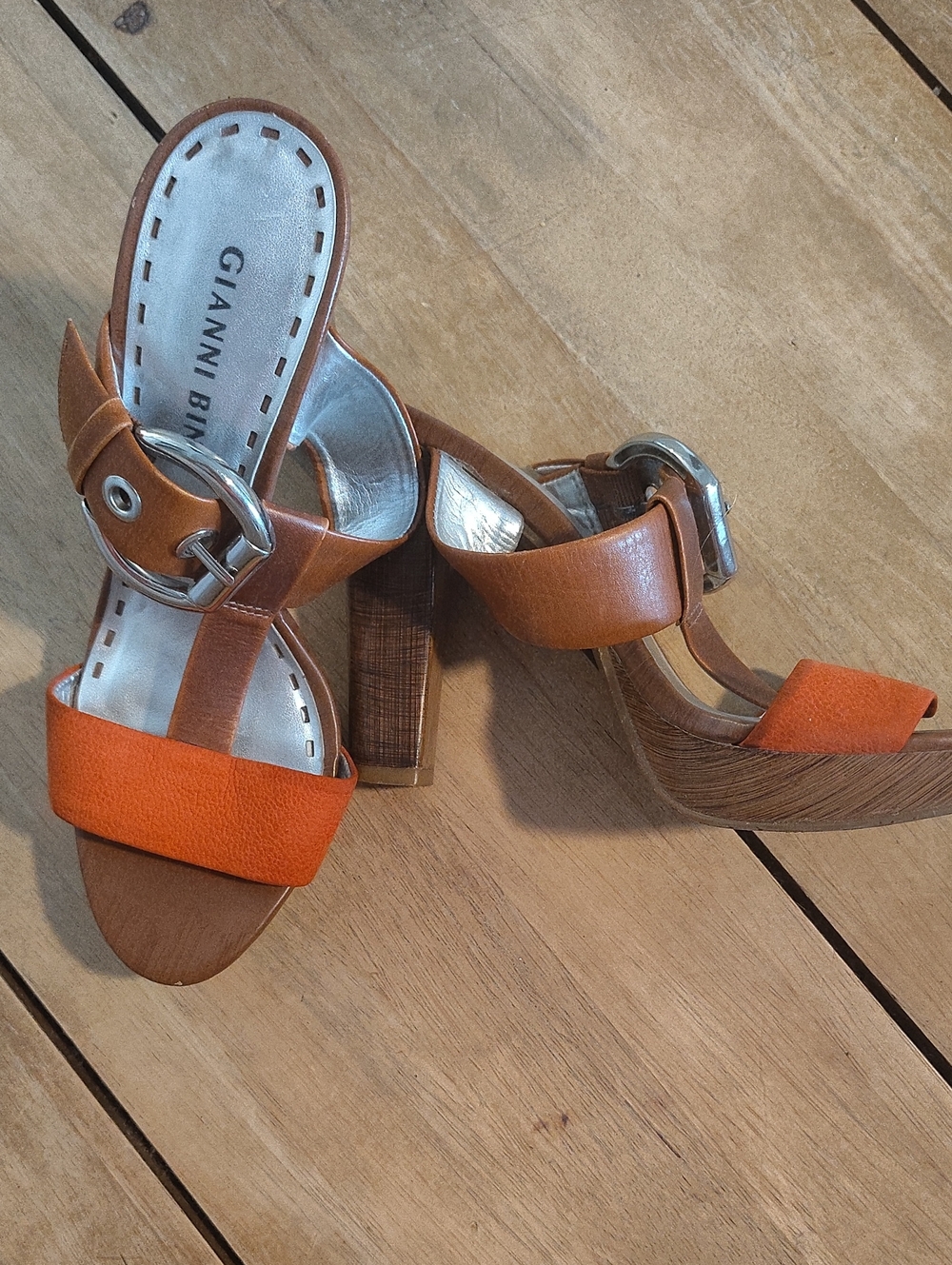 Gianni Bini Orange & Brown Leather Block Heel Sandals with Silver Buckle